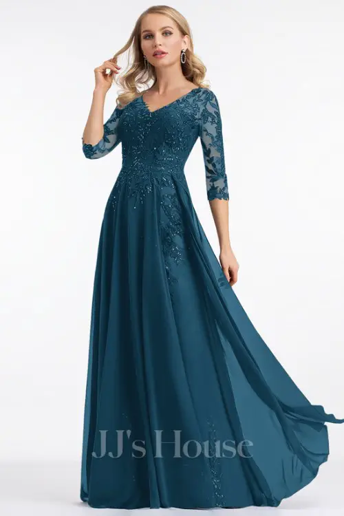 A-line V-Neck Floor-Length Lace Chiffon Mother of the Bride Dress With Sequins