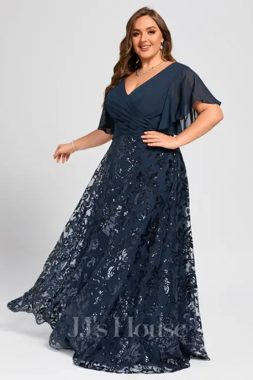 A-line V-Neck Floor-Length Lace Sequin Chiffon Mother of the Bride Dress With Pleated