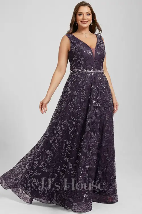 A-line V-Neck Floor-Length Lace Sequin Mother of the Bride Dress With Beading