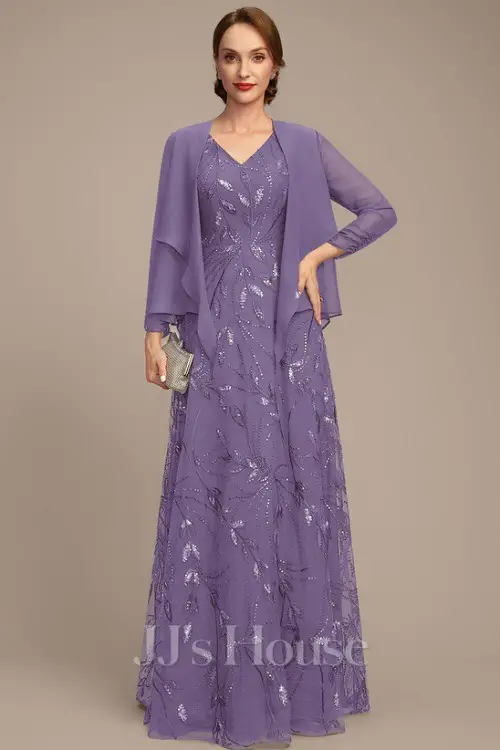 A-line V-Neck Floor-Length Sequin Lace Mother of the Bride Dress