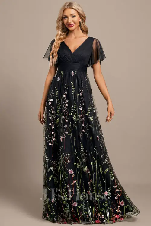 A-line V-Neck Floor-Length Tulle Floral Lace Evening Dress With Pleated
