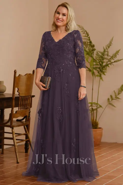 A-line V-Neck Floor-Length Tulle Lace Mother of the Bride Dress With Sequins (2)