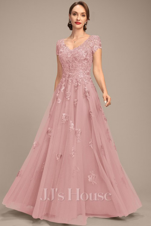 A-line V-Neck Floor-Length Tulle Lace Mother of the Bride Dress With Sequins