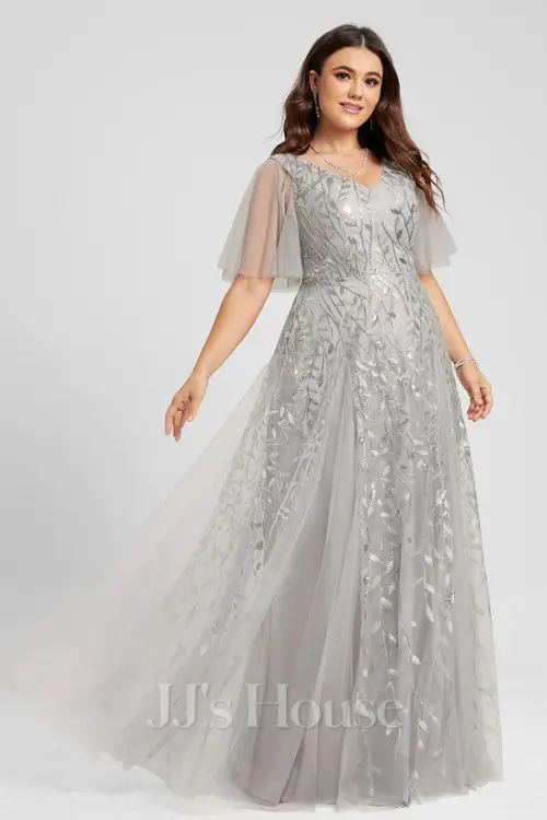 A-line V-Neck Floor-Length Tulle Sequin Lace Evening Dress