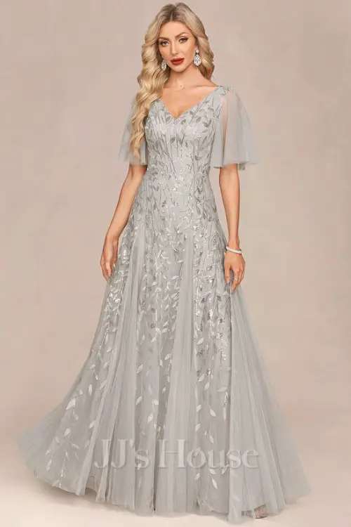 A-line V-Neck Floor-Length Tulle Sequin Lace Evening Dress