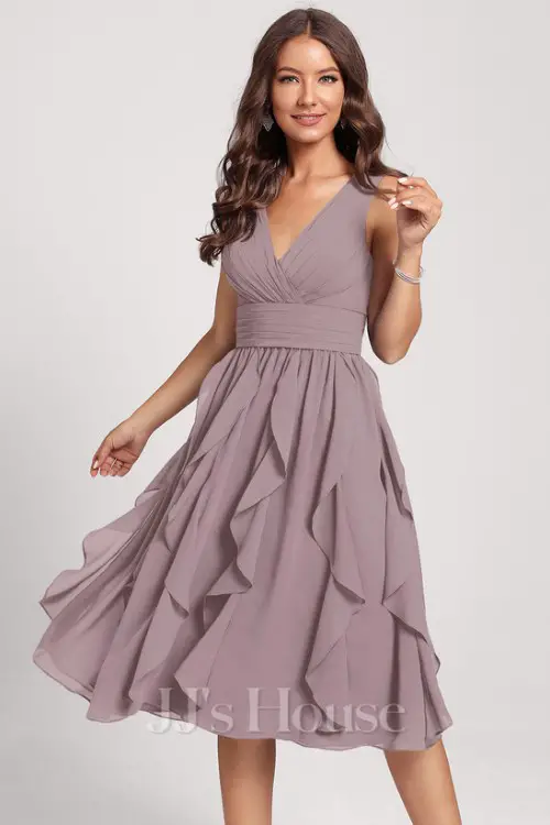 A-line V-Neck Knee-Length Chiffon Cocktail Dress With Cascading Ruffles