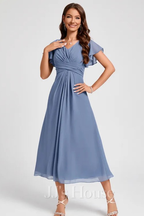 A-line V-Neck Tea-Length Chiffon Cocktail Dress With Ruffle
