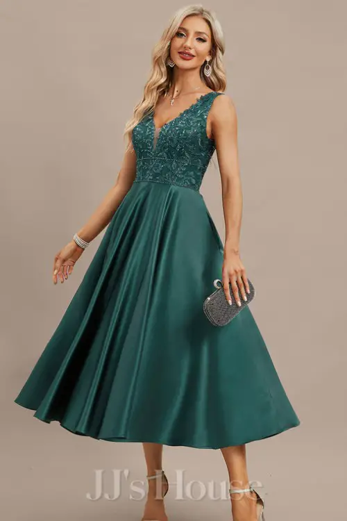 A-line V-Neck Tea-Length Satin Lace Evening Dress With Sequins