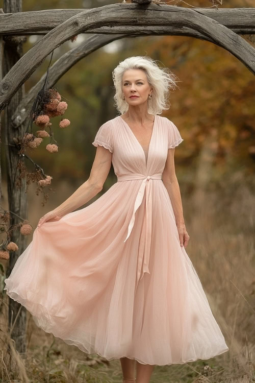 A petite woman over 50 in a blush pink tea-length dress with a belted waist, posing near a rustic wedding arch