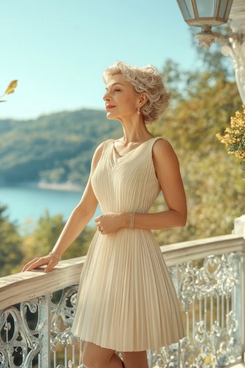 A petite woman over 50 in a cream-colored tea-length dress with pleated details, standing on a scenic balcony overlooking a wedding