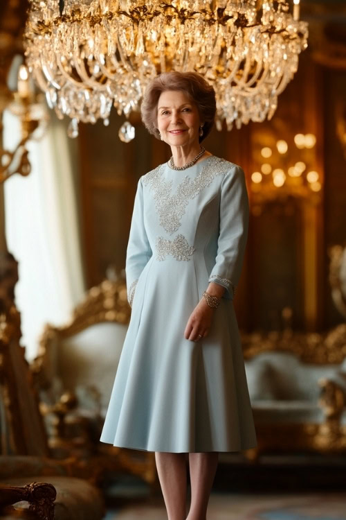 A petite woman over 50 in a light blue knee-length dress with three-quarter sleeves, standing under an ornate chandelier at a wedding (2)