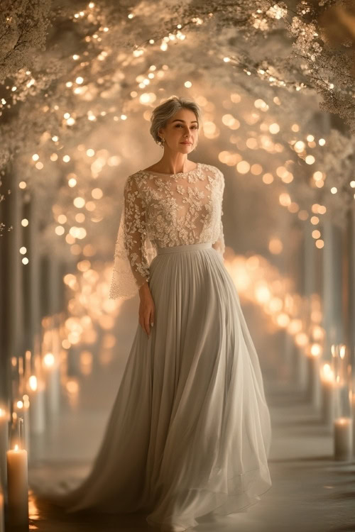 A petite woman over 50 in a light gray knee-length dress with a sheer overlay, posing near a candlelit wedding aisle (2)