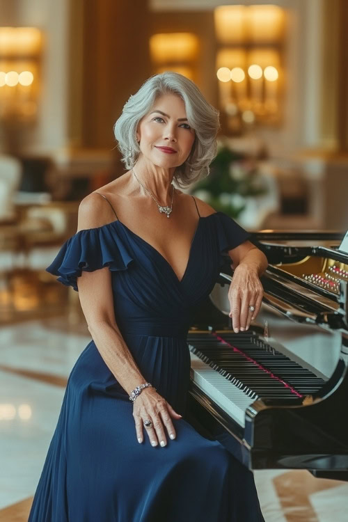 A petite woman over 50 in a navy-blue cocktail dress with flutter sleeves, posing near a grand piano in a wedding reception hall