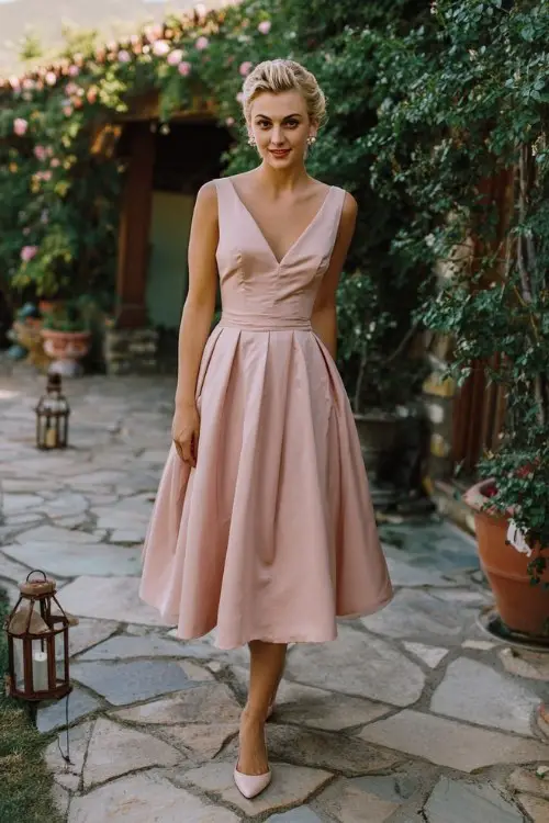 A petite woman over 50 wears a blush tea-length dress with a fitted bodice, V-neckline, and subtle pleating, paired with pointed-toe kitten heels and a soft updo