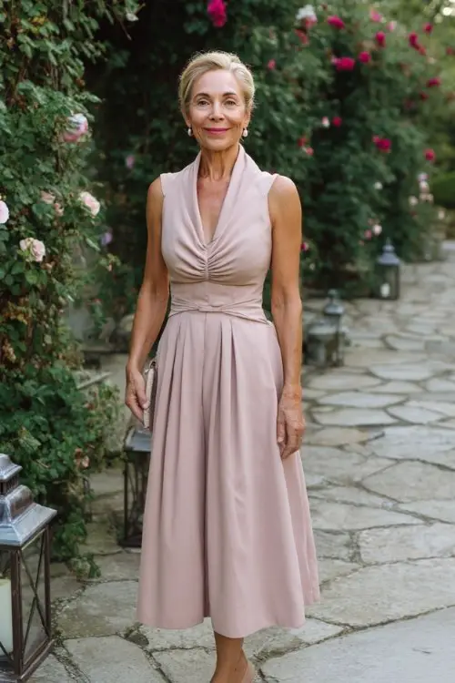 A petite woman over 50 wears a blush tea-length dress with a fitted bodice, V-neckline, and subtle pleating, paired with pointed-toe kitten heels