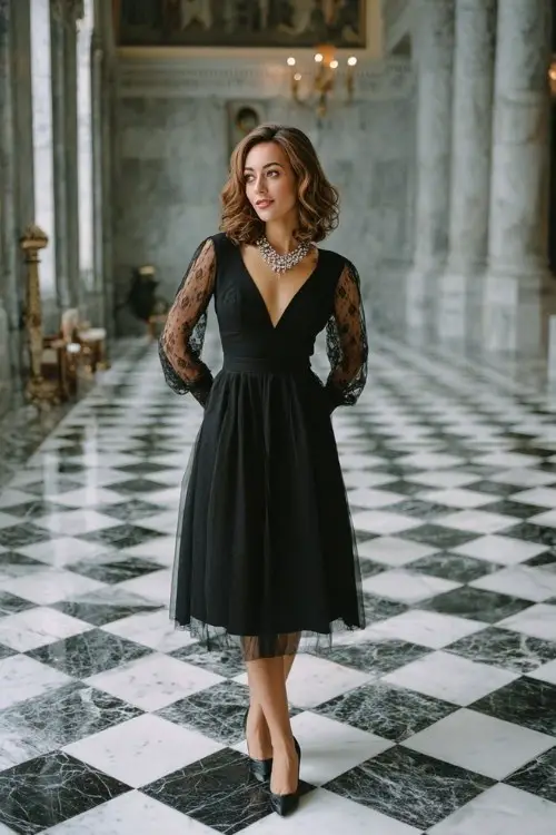 A petite woman over 50 wears a classic black midi dress with sheer lace long sleeves, styled with a crystal necklace and black heels