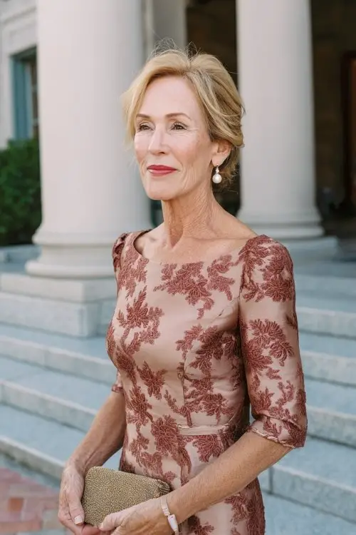 A petite woman over 50 wears a rose-toned floral jacquard sheath dress with elbow-length sleeves and a structured silhouette