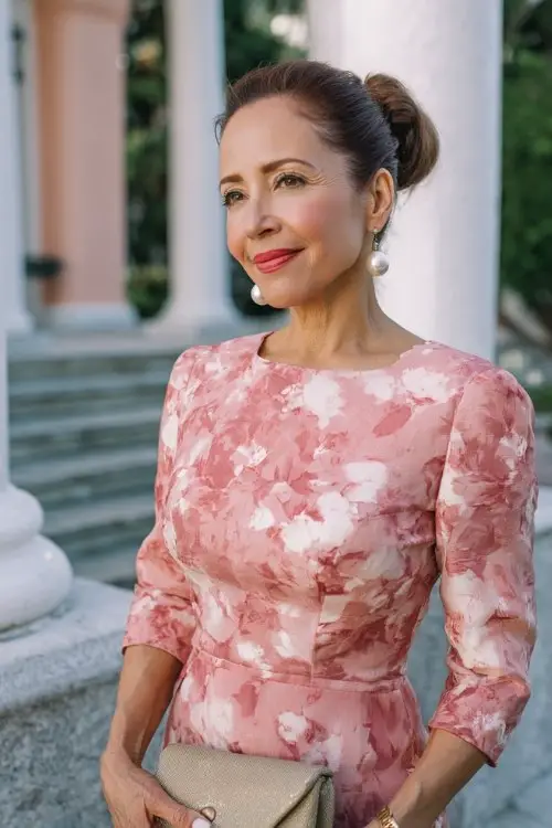 A petite woman over 50 wears a rose-toned floral jacquard sheath dress with elbow-length sleeves and a structured silhouette