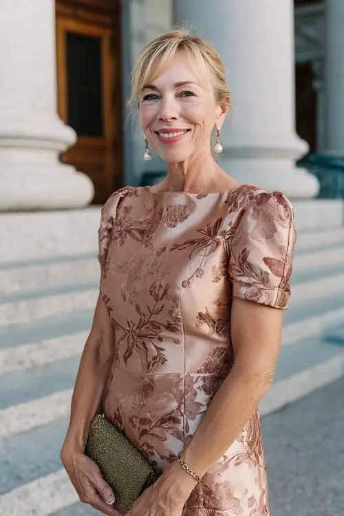A petite woman over 50 wears a rose-toned floral jacquard sheath dress with elbow-length sleeves and a structured silhouette