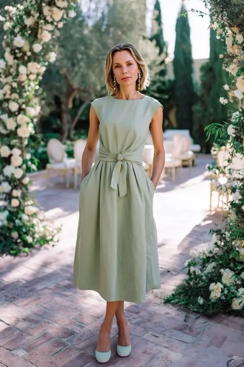 A petite woman over 50 wears a sage green midi dress with a cinched belt waist, cap sleeves, and a flowing A-line skirt