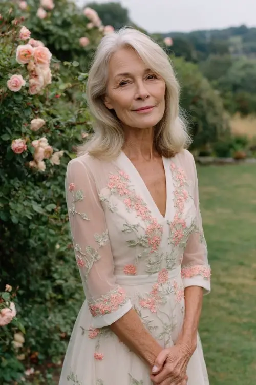 A petite woman over 50 wears an ivory-toned A-line dress with pink floral embroidery, elbow-length sleeves, and a gently flared skirt