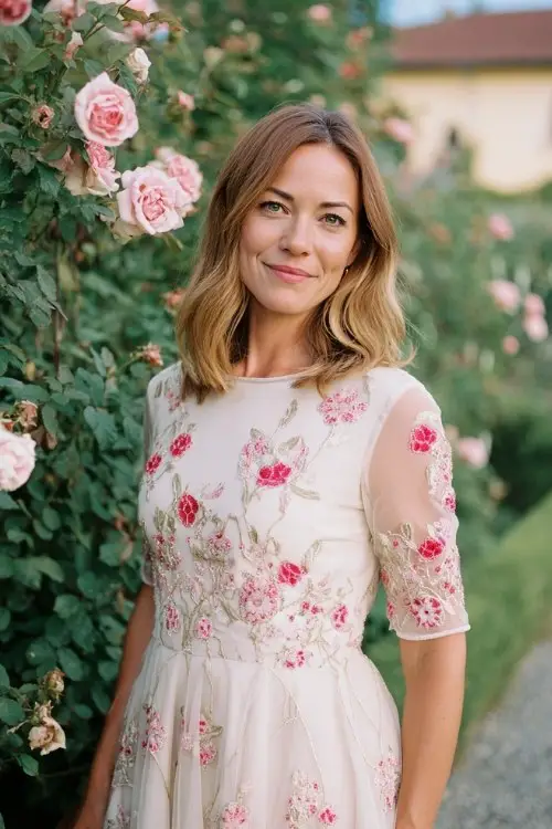 A petite woman over 50 wears an ivory-toned A-line dress with pink floral embroidery, elbow-length sleeves, and a gently flared skirt