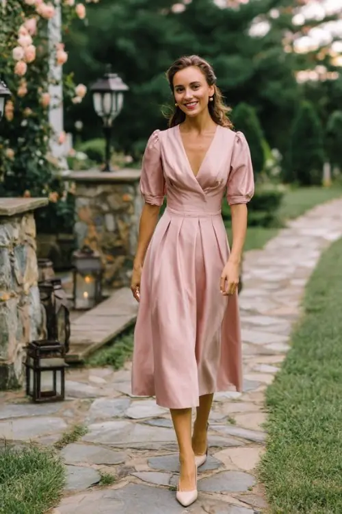 A petite woman wears a blush tea-length dress with a fitted bodice, V-neckline, and subtle pleating, paired with pointed-toe kitten heels