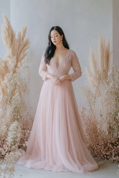 A plus-size woman in a blush pink A-line dress with a modest neckline and subtle embroidery