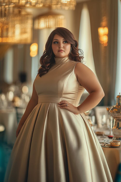 A plus-size woman in a champagne-colored tea-length dress with a high neckline and flowing hemline