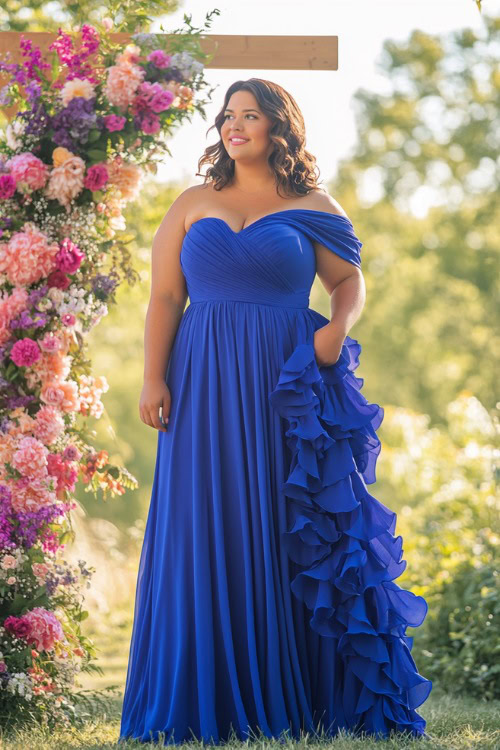 A plus-size woman in a cobalt blue one-shoulder midi dress with a cascading ruffle detail running from shoulder to hem