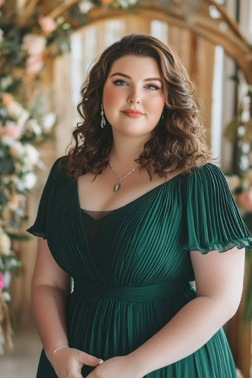 A plus-size woman in a deep emerald green A-line dress with cap sleeves and pleated detailing