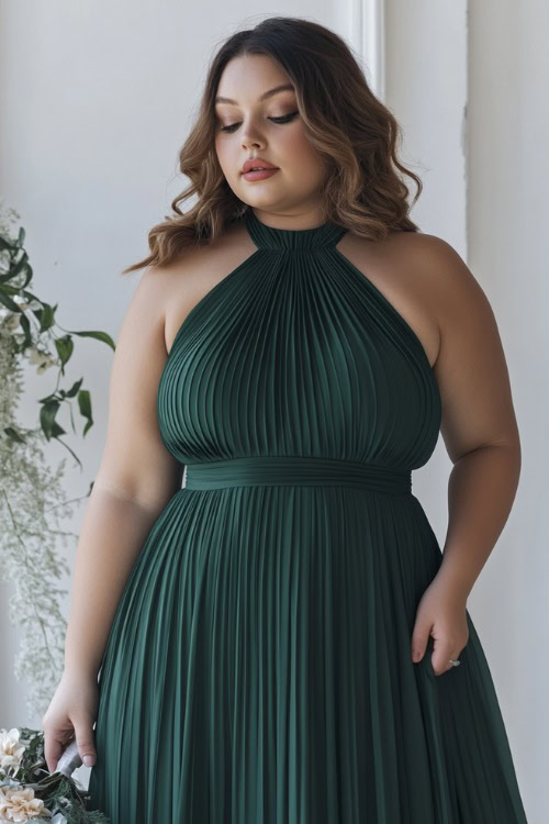 A plus-size woman in a deep emerald green pleated midi dress with a halter neckline