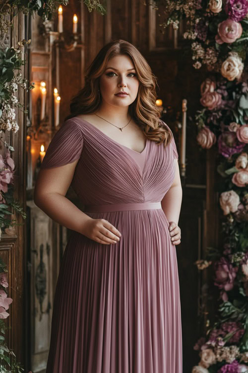 A plus-size woman in a dusty rose pleated dress with short sleeves and a modest neckline