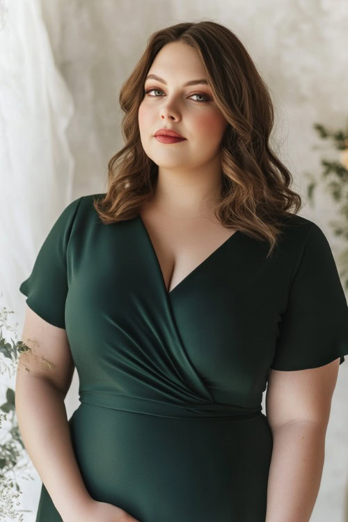 A plus-size woman in a forest green wrap dress with short sleeves and an asymmetrical hemline