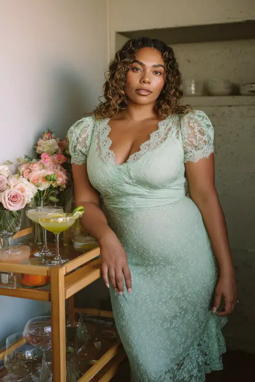 A plus size woman in a light mint-green dress with short puff sleeves, scalloped hem, and tonal floral appliqué