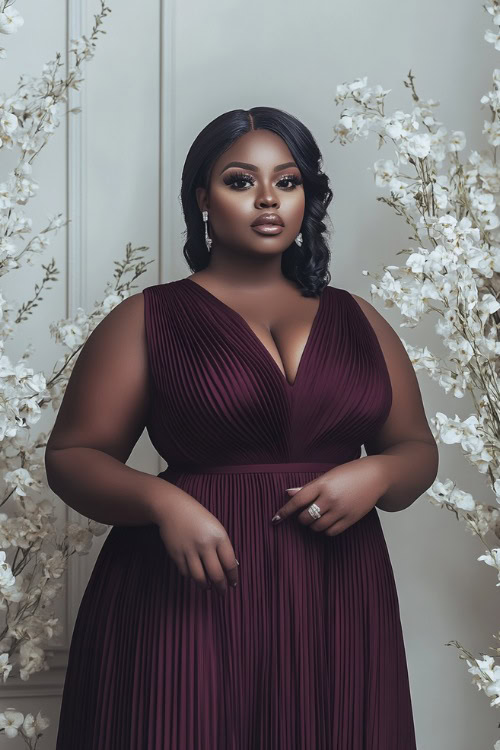 A plus-size woman in a maroon A-line midi dress with pleated details