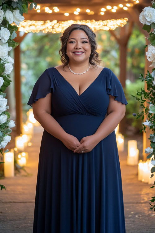 A plus-size woman in a navy A-line dress with a V-neckline and flutter sleeves