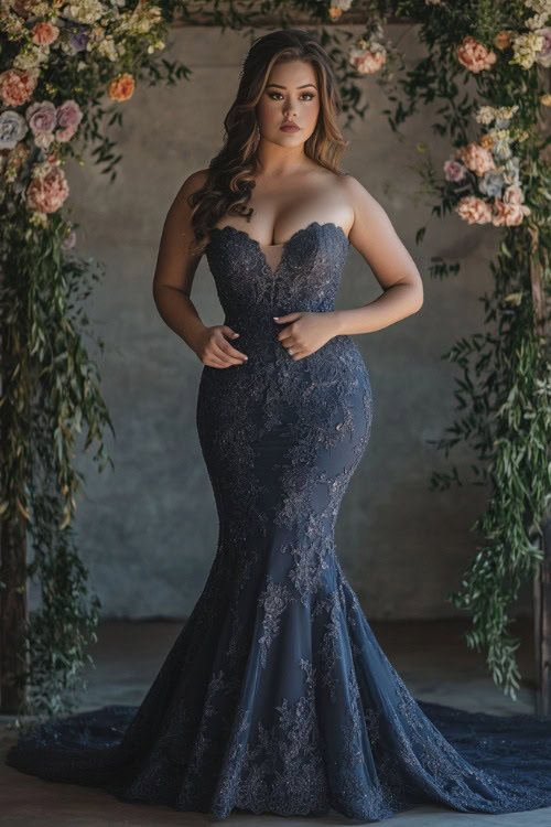 A plus-size woman in a navy mermaid-style gown with a sweetheart neckline and lace detailing