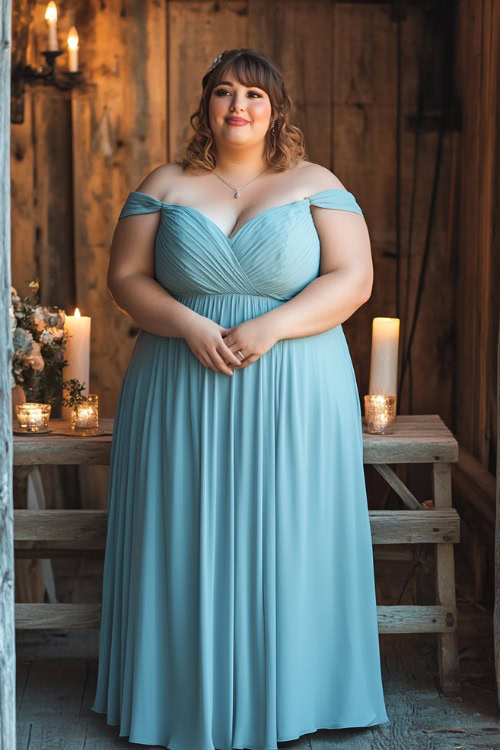 A plus-size woman in a pastel blue A-line dress with a modest neckline and cinched waist