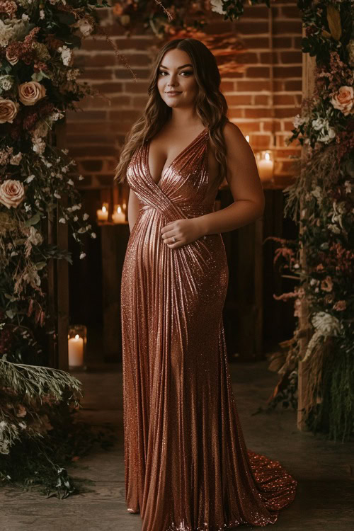 A plus-size woman in a rose gold sequin wrap dress with a waterfall hemline and asymmetrical pleats