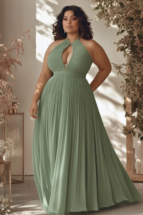 A plus-size woman in a sage green floor-length dress with a keyhole neckline and pleated chiffon overlay