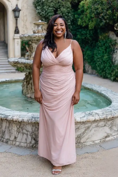 A plus-size woman over 40 wears a blush pink floor-length gown with a draped neckline and side pleating for a slimming effect, styled with strappy silver heels and chandelier earrings