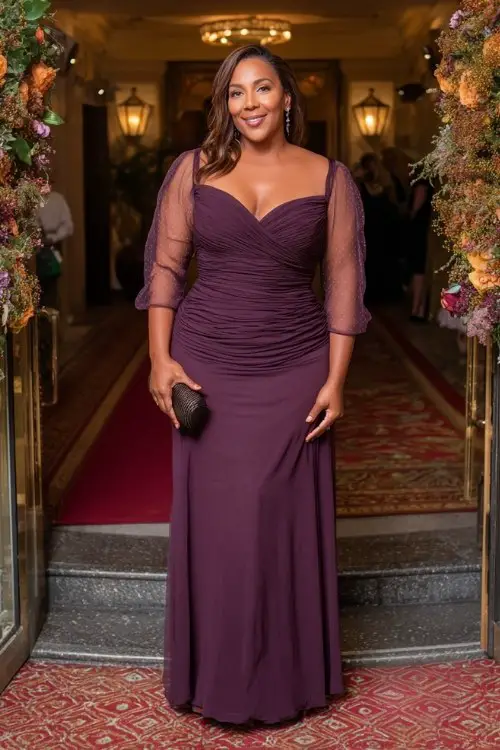 A plus-size woman over 40 wears a deep plum stretch gown with elegant ruching along the waist, sheer illusion sleeves, and a gathered neckline