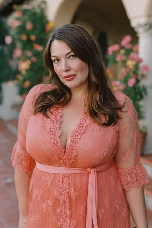 A plus-size woman over 40 wears a soft coral dress with a sheer embroidered front panel, sheer sleeves, and ribbon belt
