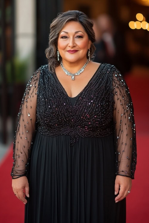 A plus-size woman over 50 in a black evening gown with beaded sleeves, standing on a red carpet at a formal wedding (2)