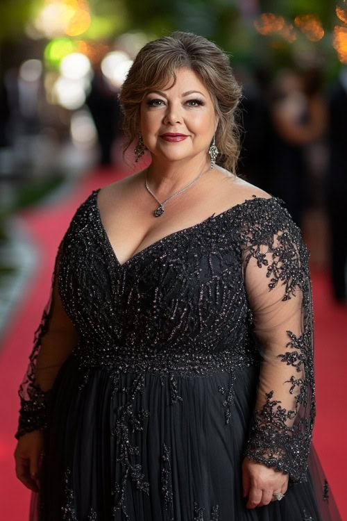 A plus-size woman over 50 in a black evening gown with beaded sleeves, standing on a red carpet at a formal wedding