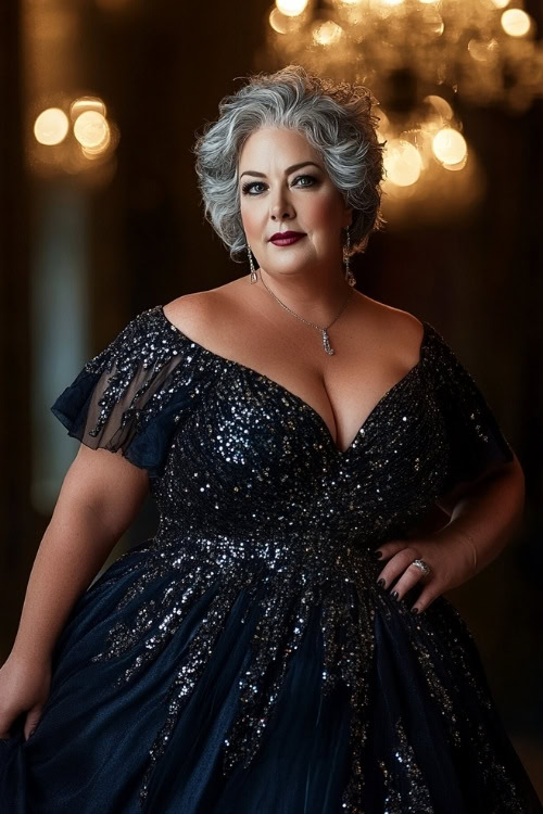 A plus-size woman over 50 in a floor-length navy dress with sequin details, posing indoors under chandelier lighting