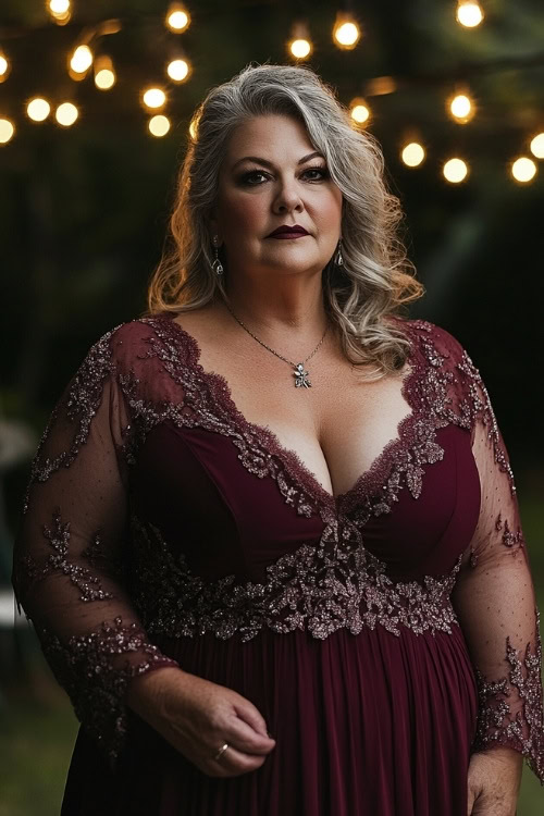 A plus-size woman over 50 wearing a maroon A-line dress with lace details, posing under fairy lights at an evening wedding (2)