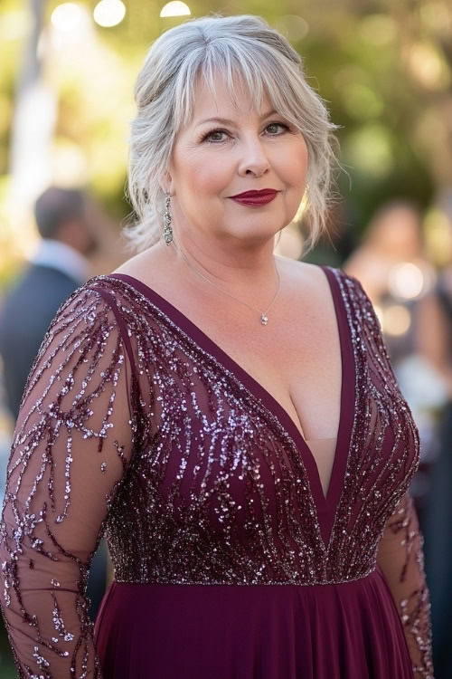 A plus-size woman over 50 wearing a maroon A-line dress with lace details, posing under fairy lights at an evening wedding