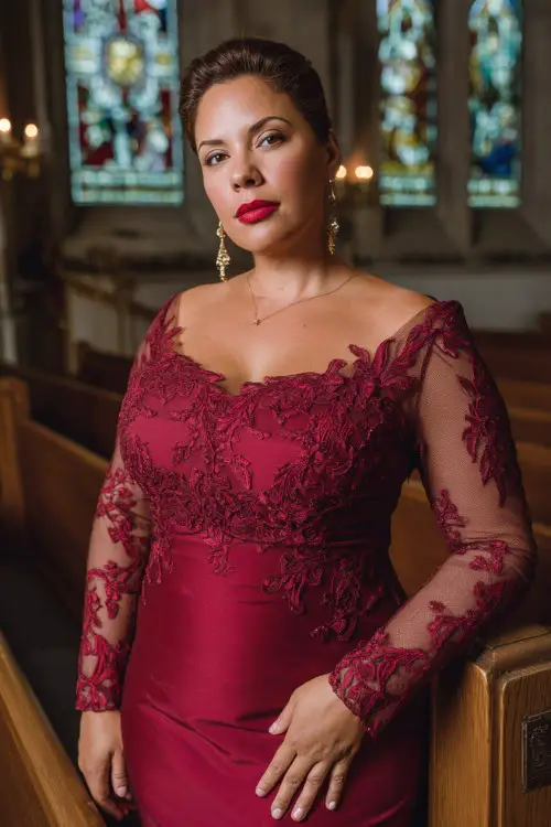 A plus-size woman over 50 wears a bordeaux red gown with lace appliqué and a subtle sheer train, long fitted sleeves, and a bateau neckline
